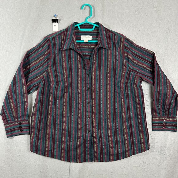 CJ Banks Womens Button Up Top Long Sleeve Stripes Maroon Green Plus Size 1X - Picture 5 of 11